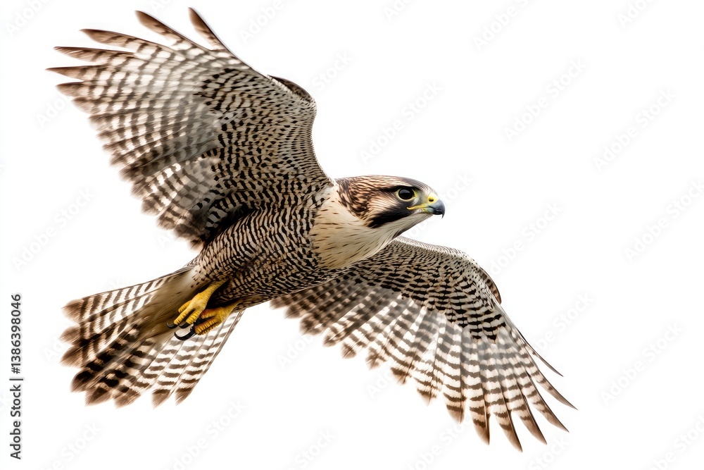 Fototapeta premium Falcon Flying with Open Wings Against a Bright White Background