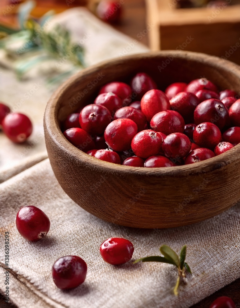 Fresh red cranberries in wooden bowl on linen cloth Fresh red cranberries in wooden bowl on linen cloth