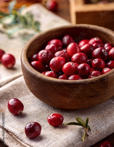 Fresh red cranberries in wooden bowl on linen cloth