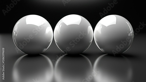 Three Glossy White Spheres on Reflective Surface