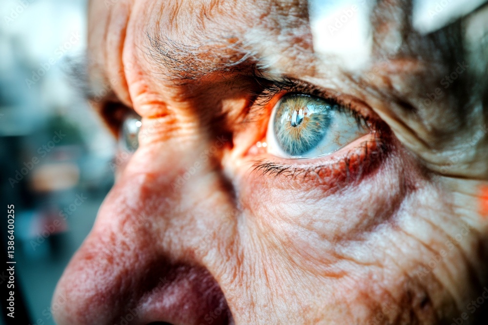 Macular degeneration - complication in old age: abstract image of individual status. Metaphorical macular degeneration emotions of a maturation. Elderly clinic. Aging discomfort. Aging well.