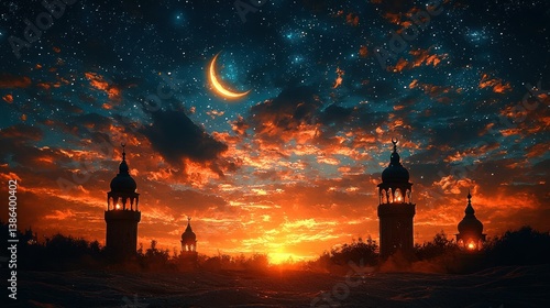 Wallpaper Mural Majestic Sunset and Crescent Moon over Mosques Torontodigital.ca