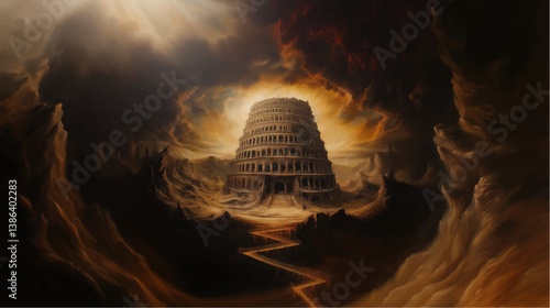 classic traditional renaissance oil painting illustration of Tower of Babel in hell	