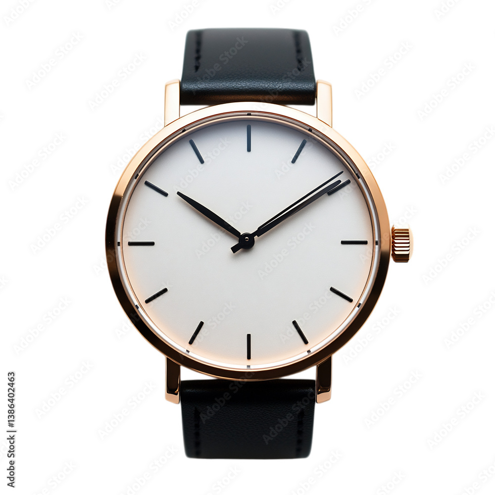Minimalist Rose Gold Watch with Simple Dial and Black Leather Strap Isolated on Transparent Background Minimalist Rose Gold Watch with Simple Dial and Black Leather Strap Isolated on Transparent Background