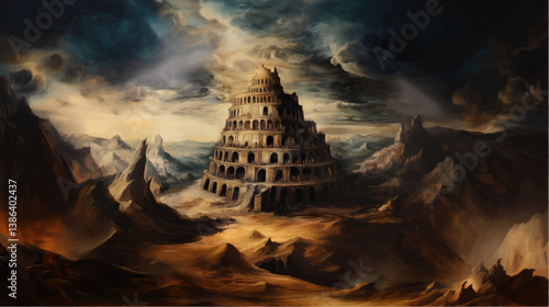classic traditional renaissance oil painting illustration of Tower of Babel in hell	