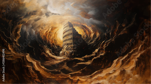 classic traditional renaissance oil painting illustration of Tower of Babel in hell	