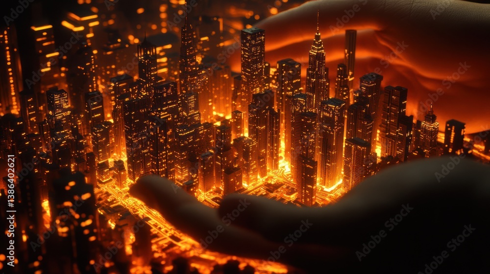 Obraz premium Hands holding glowing city model, night, urban development, planning