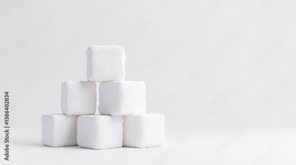 Five white sugar cubes form a pyramid on a white background. The image is clean and simple, with soft lighting. The style is minimalist. The overall mood is serene and pure. It could be used for pr Five white sugar cubes form a pyramid on a white background. The image is clean and simple, with soft lighting. The style is minimalist. The overall mood is serene and pure. It could be used for pr