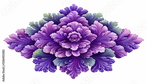 Intricate purple and green floral design, ornate, symmetrical, isolated on white