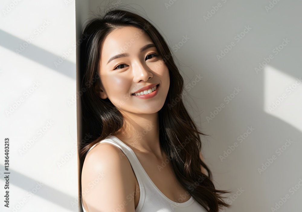Smiling Asian Woman Leaning Against White Wall, Sunlight, Portrait, Beauty, Happiness, Natural, Healthy Skin. Smiling Asian Woman Leaning Against White Wall, Sunlight, Portrait, Beauty, Happiness, Natural, Healthy Skin.