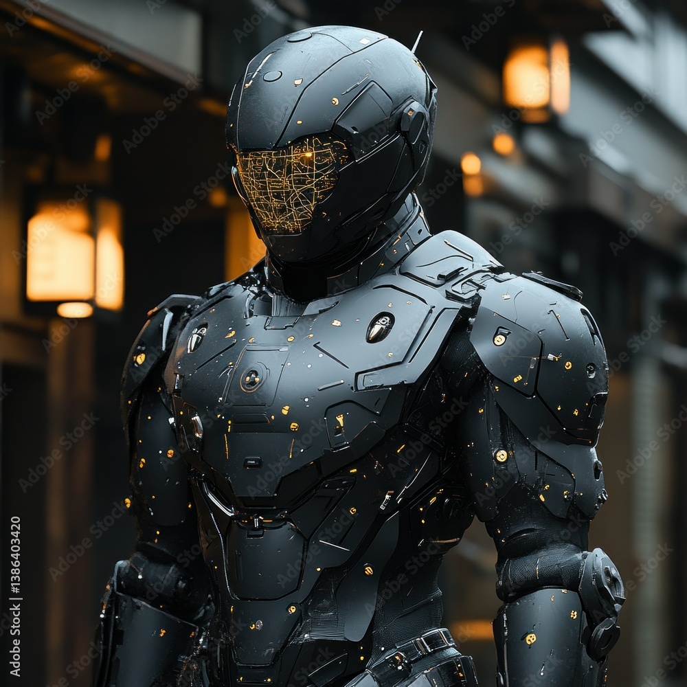 Cyberpunk City Robot: Futuristic Armored Soldier in Urban Setting Cyberpunk City Robot: Futuristic Armored Soldier in Urban Setting