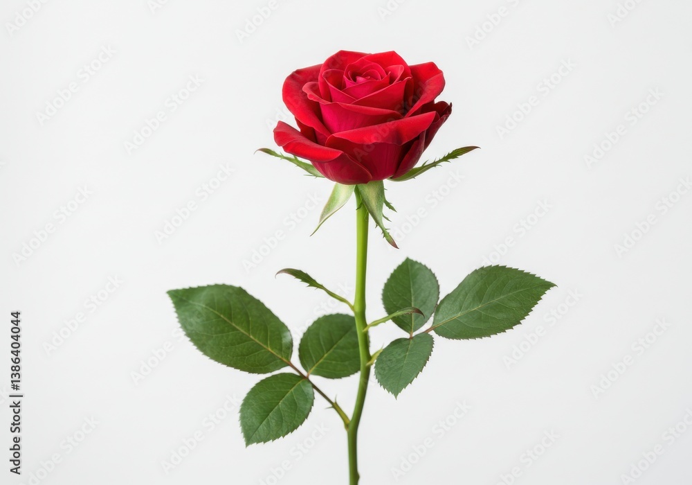 A single red rose with green leaves and stem isolated on a plain white background in full bloom A single red rose with green leaves and stem isolated on a plain white background in full bloom