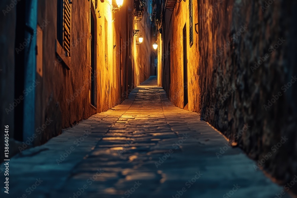 Fototapeta premium Explore the Charming and Mysterious Narrow Alleyway with Dim Flickering Light for Atmospheric Photography Projects and Urban Exploration