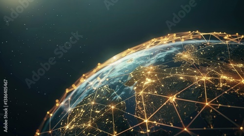 A detailed view of Earth from space showcasing illuminated cities and interconnected networks, highlighting global connectivity and technological advancement against a starry backdrop