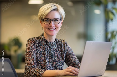 A short-haired woman with glasses wearing a floral-patterned top, working on a laptop in a modern office with plants and blurred background, professional lighting, contemporary workspace aesthetic