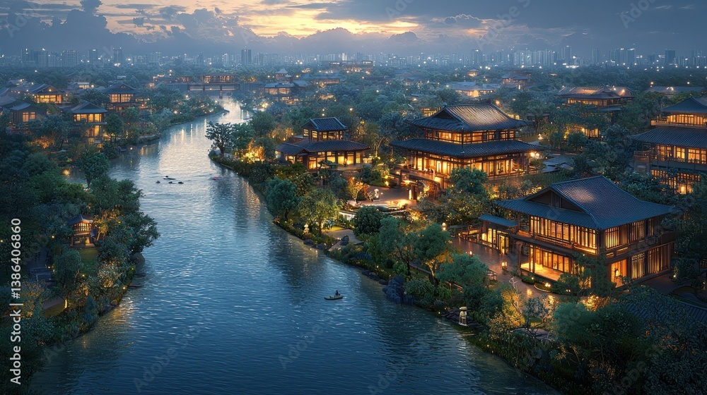 Fototapeta premium Serene Evening at the Lakeside Village: An Architectural Masterpiece