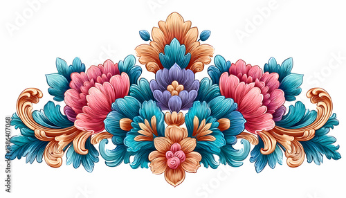 Ornate floral arrangement with teal, pink, and gold hues
