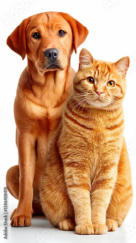 A ginger cat and golden retriever dog sitting side-by-side against a white background