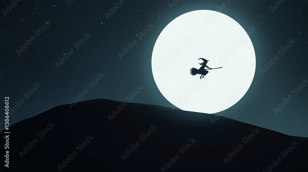 Naklejka premium Silhouette of witch flying on broomstick across full moon night sky