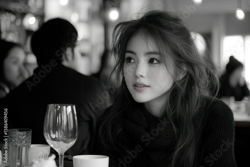 Black and White Portrait of a Young Woman in a Cafe