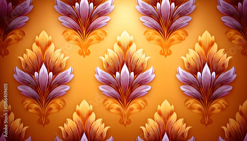 Elegant orange and purple floral damask pattern background
