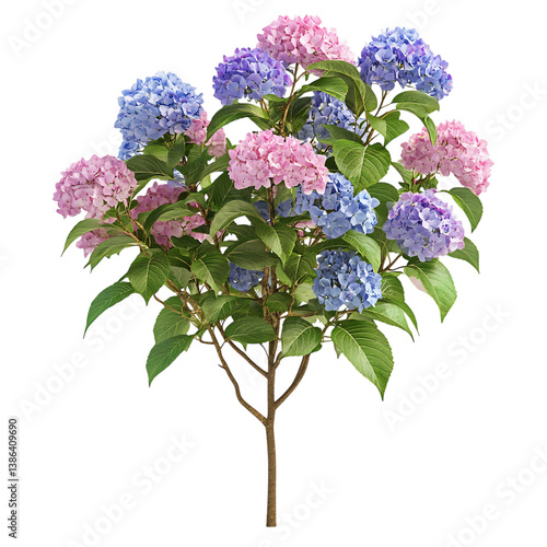 3D Hydrangea Bush with Pink and Blue Blooms Isolated on Transparent Background