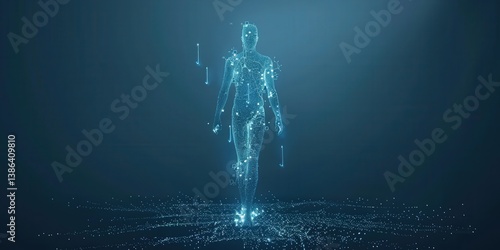A digital representation of a humanoid figure walking through a virtual space, surrounded by glowing particles, symbolizing technology and innovation in a futuristic environment