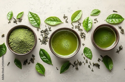 Green tea varieties in wooden and ceramic bowls with fresh leaves, soft lighting, minimalist composition, natural and healthy aesthetic, organic texture, vibrant hues