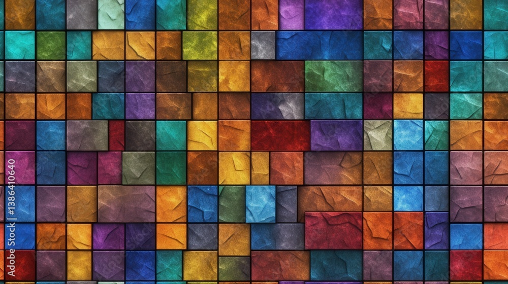 Fototapeta premium Colorful Stones Pattern Abstract arrangement of vibrant tiles, textured wall or surface, varied hues in seamless design tile pattern