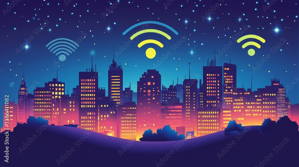 Fototapeta premium Night city skyline with wifi symbols in starry sky