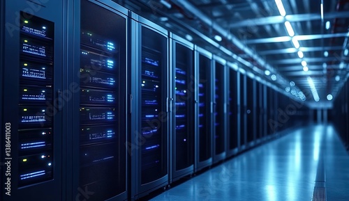 Futuristic data center hallway with server racks and colorful LED lights, blue and purple glow, high-tech atmosphere, ambient lighting, modern infrastructure