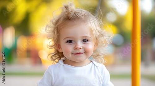 A toddler with blond, curly hair smiles sweetly. The child wears a white shirt. The background is a blurred playground. The photo is well-lit, high-resolution, and features a shallow depth of field.