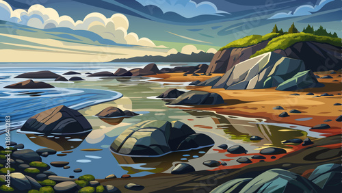 Rocky coastal landscape low tide scene with reflective tide pools and slick boulders