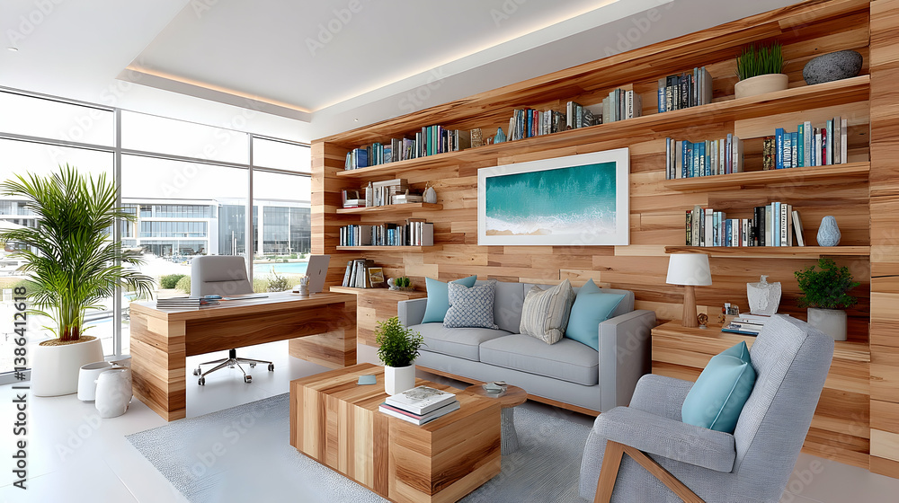 Modern, bright office with wooden wall, comfy seating area, and large windows Modern, bright office with wooden wall, comfy seating area, and large windows