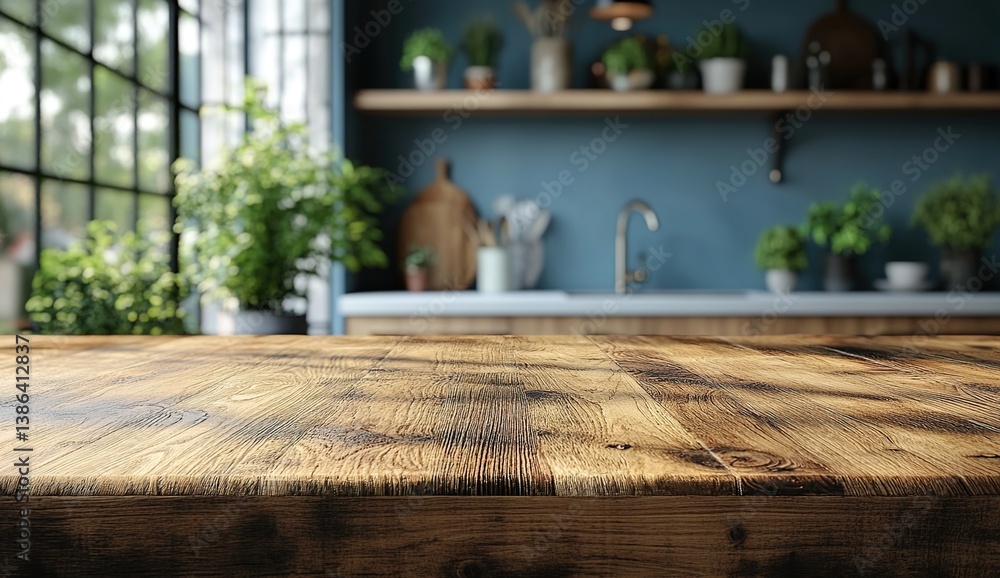 Obraz premium A warm kitchen scene with a wooden table in the foreground and a sunny window in the background, featuring plants and kitchen items on the windowsill, creating a cozy and naturally lit atmosphere