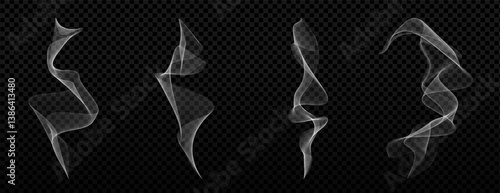 Realistic vector collection of smoke, fog and steam effects on transparent background. Flowing white vapour from hot drinks, fire, food or hookah. Smooth curves, aroma and motion for abstract design.