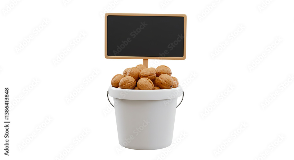 A white bucket filled with walnuts and a small black chalkboard sign on a black background A white bucket filled with walnuts and a small black chalkboard sign on a black background