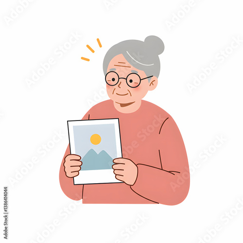 Elderly woman joyfully holding a photo against a white background  