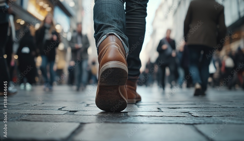 Fototapeta premium Urban street scene focusing on brown leather shoes, blurred background of pedestrians and buildings, soft lighting, bustling city atmosphere