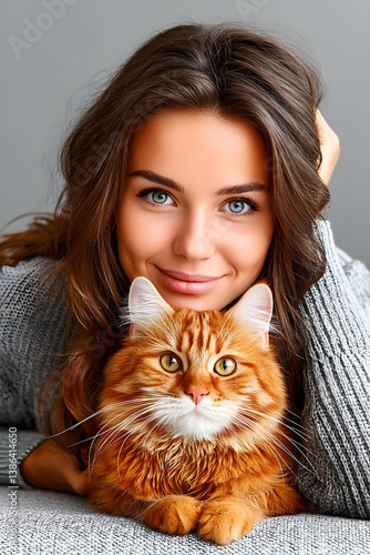Woman and ginger cat cuddling
