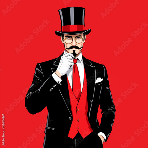 Elegant Gentleman with Mustache Wearing Top Hat and Red Tie on Red Background