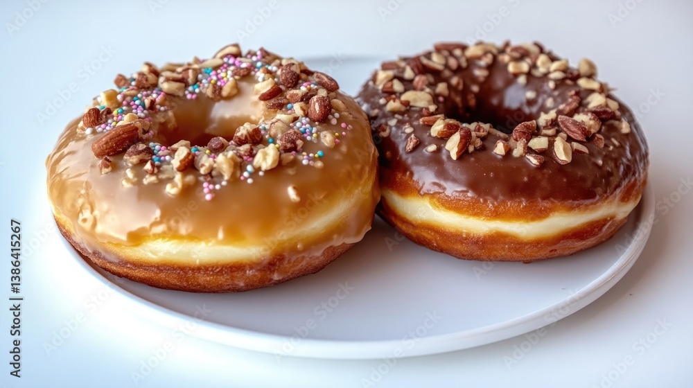 Two glazed donuts, one caramel and one chocolate, are presented on a white plate. The caramel donut is topped with nuts and sprinkles. The chocolate donut is similarly adorned with nuts. The image i Two glazed donuts, one caramel and one chocolate, are presented on a white plate. The caramel donut is topped with nuts and sprinkles. The chocolate donut is similarly adorned with nuts. The image i