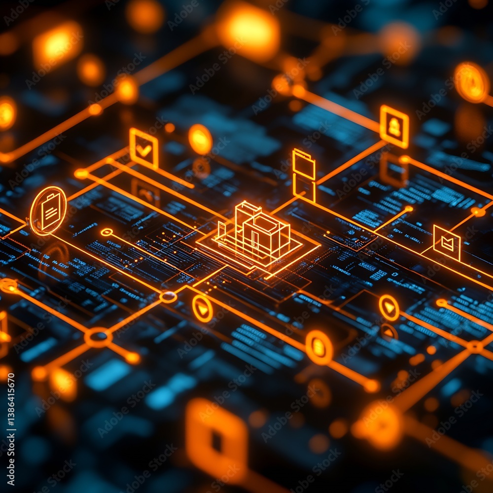 Futuristic Digital Architecture with Complex Data Networks and Interfaces Represented in Orange Neon : Generative AI