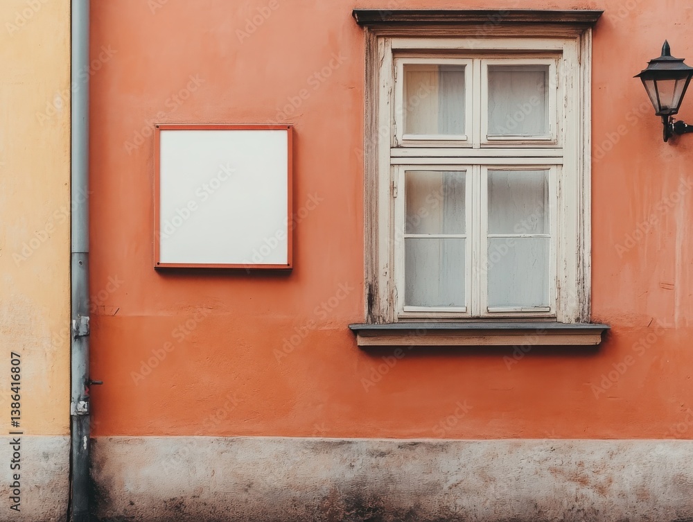 Fototapeta premium Old wooden window on orange wall with empty white frame and vintage lamp.