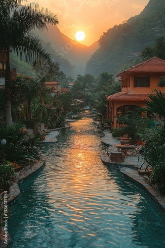 Sunset Serenity: Tropical Resort River at Golden Hour