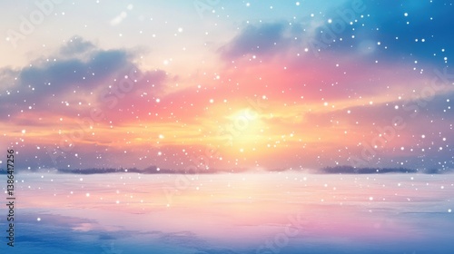 A serene winter landscape featuring a vibrant sunset over a snow-covered expanse. The sky transitions from warm pinks and oranges to cool blues, while delicate snowflakes float through the air, adding