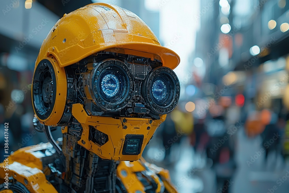 Future of Construction: A Yellow Robot in City Future of Construction: A Yellow Robot in City