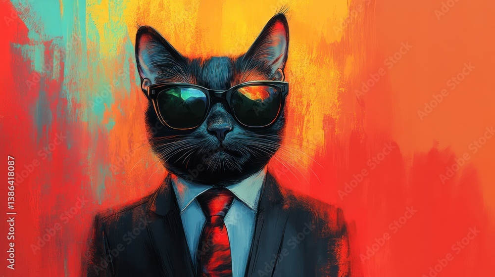 Fototapeta Cool cat in suit, sunglasses, abstract art background, profile picture