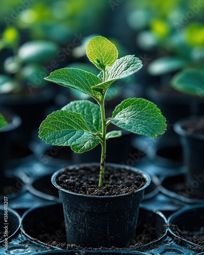 A young sprout in a small pot, surrounded by other plants. A symbol of growth and new beginnings.