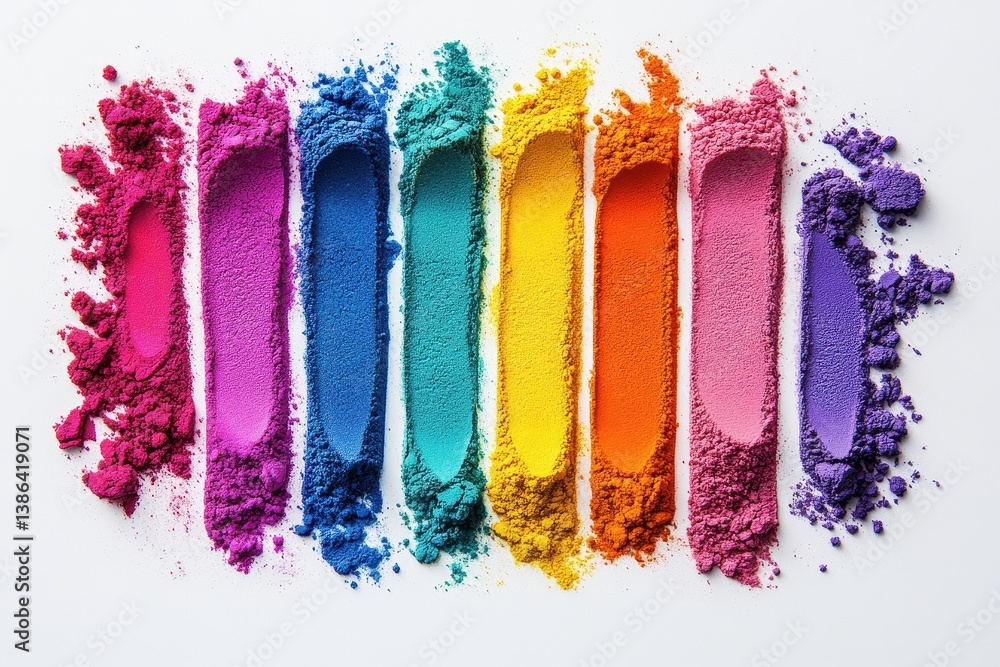 Fototapeta premium Colorful vibrant powdered pigments arranged in a spectrum on a white background during midday light